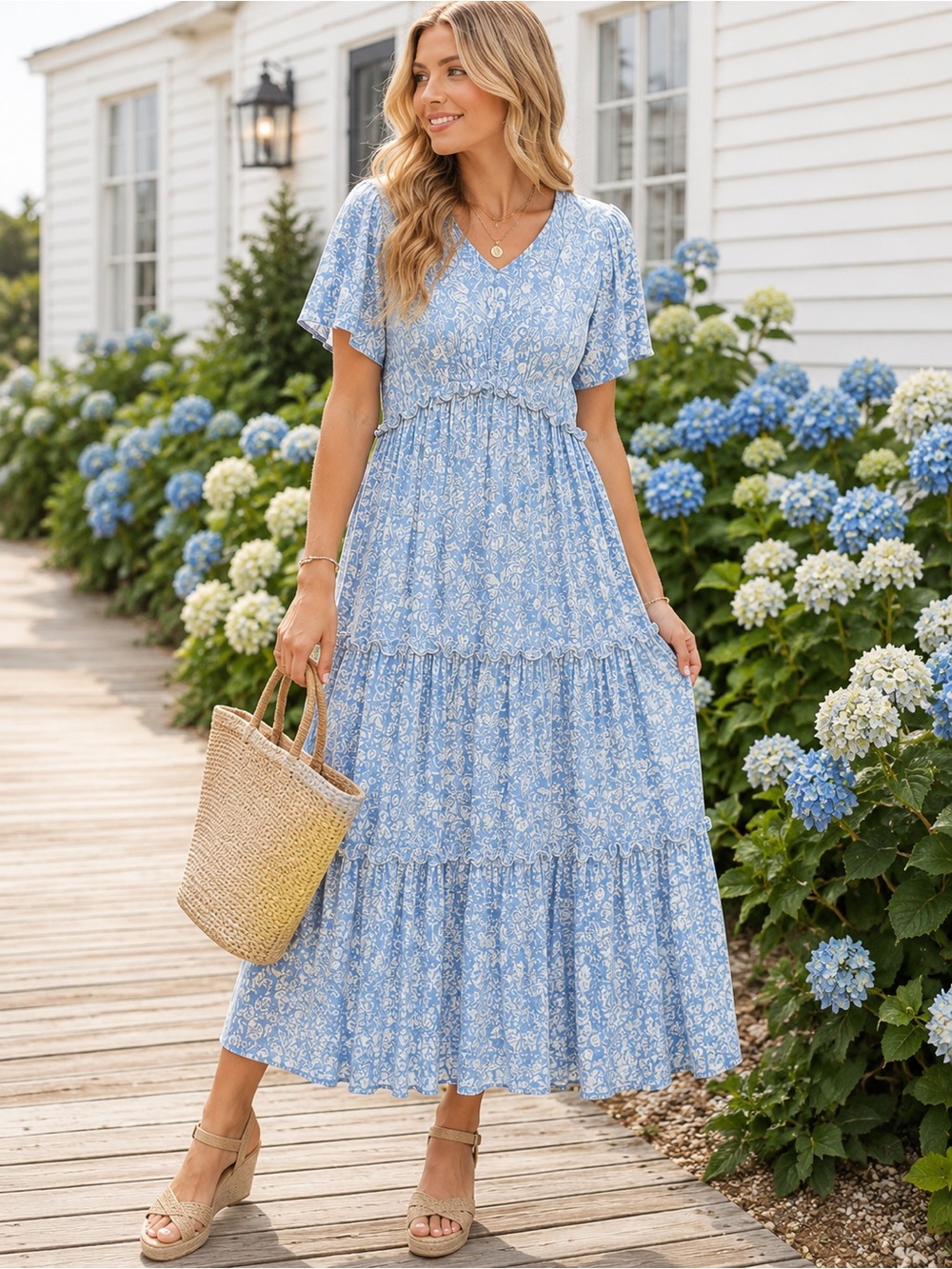 DownEast Light Blue Floral Tiered Midi Dress | Cottagecore Prairie Boho Romantic